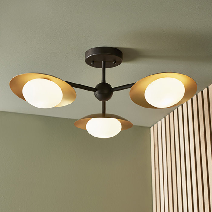 Harwood - Scandi Dish Semi-Flush Light with Opal Globes - Dark Bronze & Gold