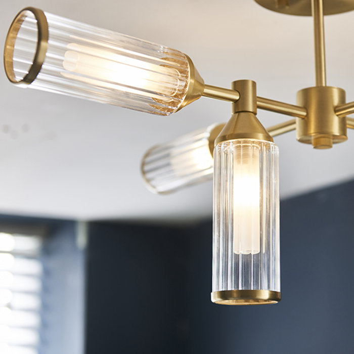 Beverley - Clear Reeded Glass Semi Flush Light - Satin Brass