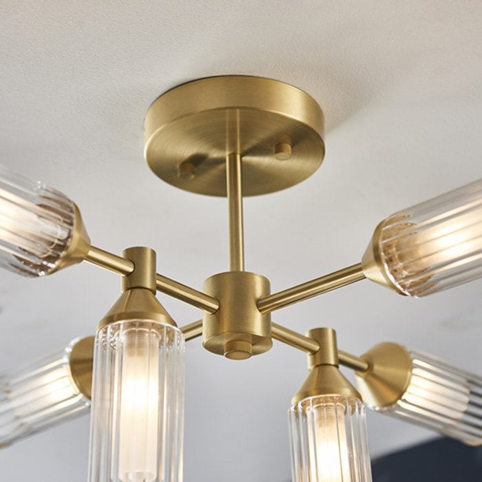 Beverley - Clear Reeded Glass Semi Flush Light - Satin Brass