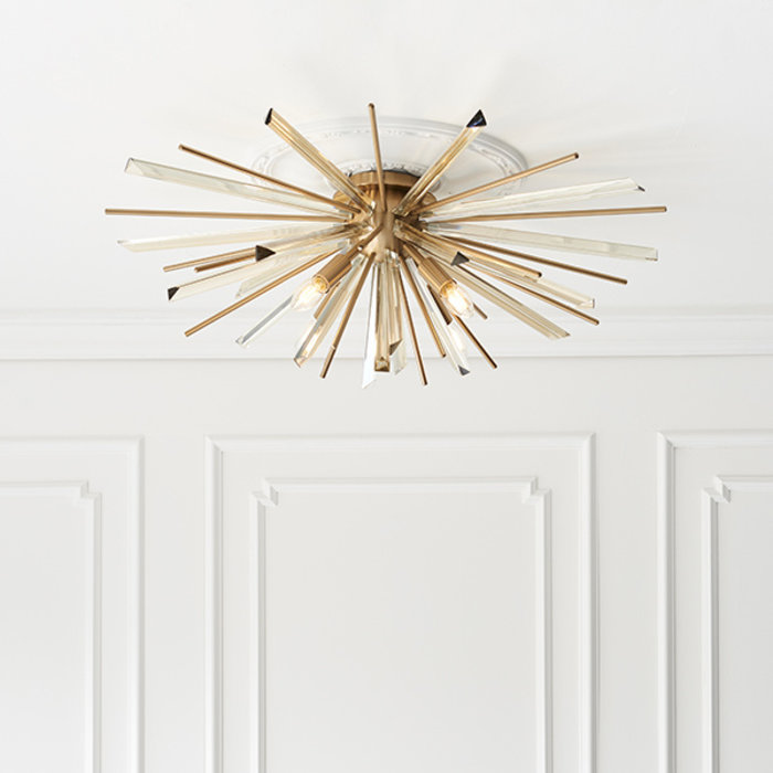 Welburn - Champagne Glass & Antique Brass Starburst Flush Ceiling Light