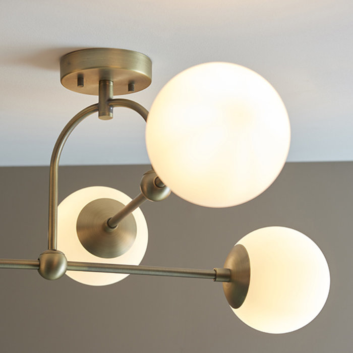 Scalby -  Mid Century Semi-Flush Ceiling Light with Opal Glass - Antique Brass
