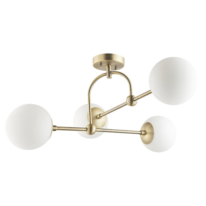Scalby -  Mid Century Semi-Flush Ceiling Light with Opal Glass - Antique Brass