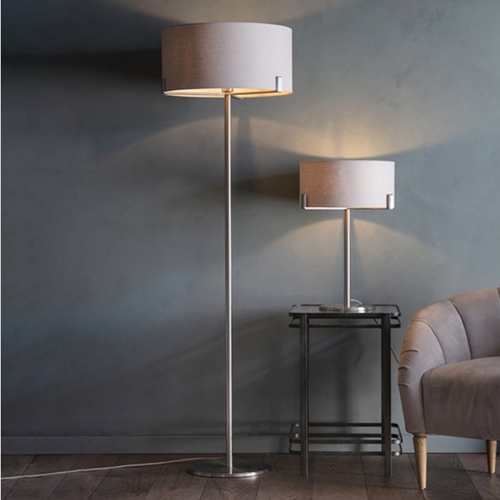 Mayfair - Modern Drum Table Light - Soft Grey & Satin Nickel