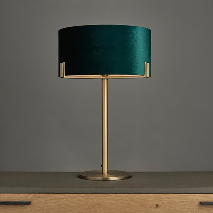 Mayfair - Luxury Modern Drum Table Light - Green Velvet & Antique Brass