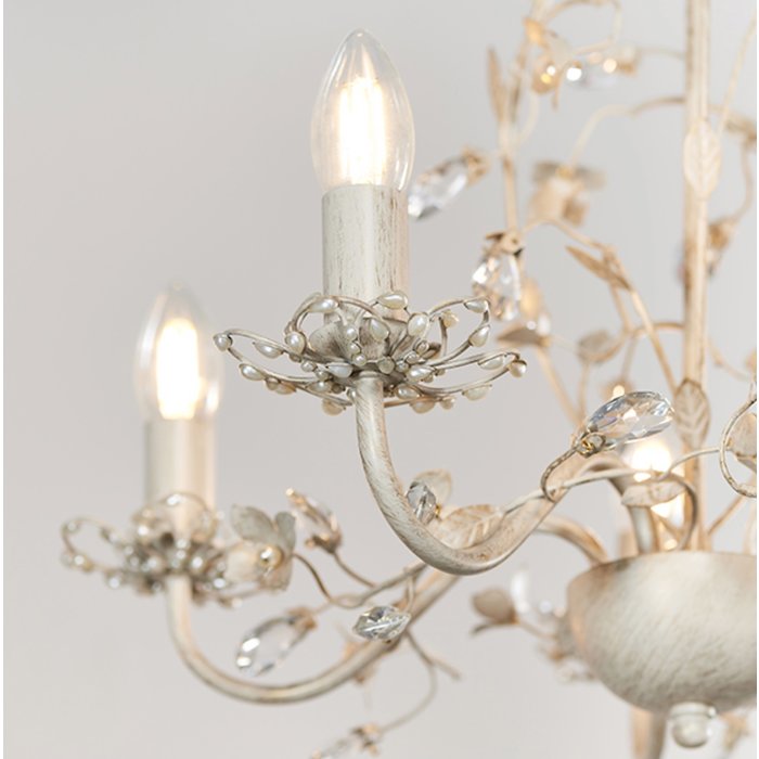 Leaf - Ornate Flower 5 Light Chandelier  - Cream & Gold with Beading