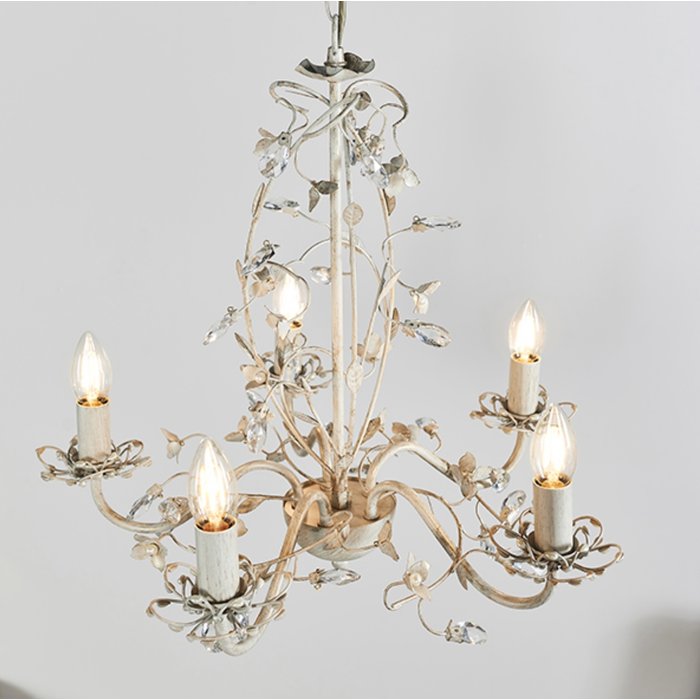 Leaf - Ornate Flower 5 Light Chandelier  - Cream & Gold with Beading