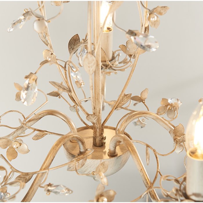 Leaf - Ornate Flower 5 Light Chandelier  - Cream & Gold with Beading