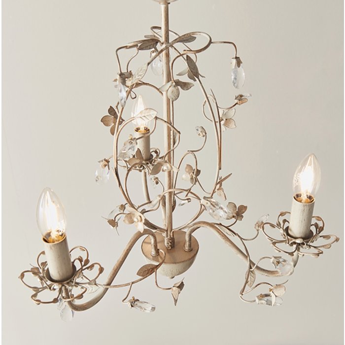 Leaf - Ornate Flower 3 Light Chandelier  - Cream & Gold with Beading