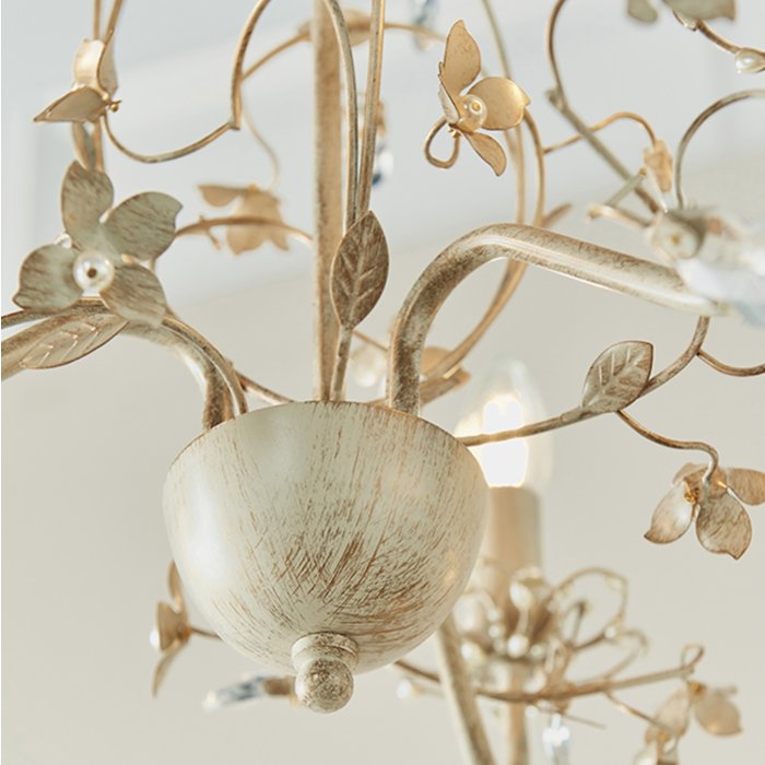 Leaf - Ornate Flower 3 Light Chandelier  - Cream & Gold with Beading