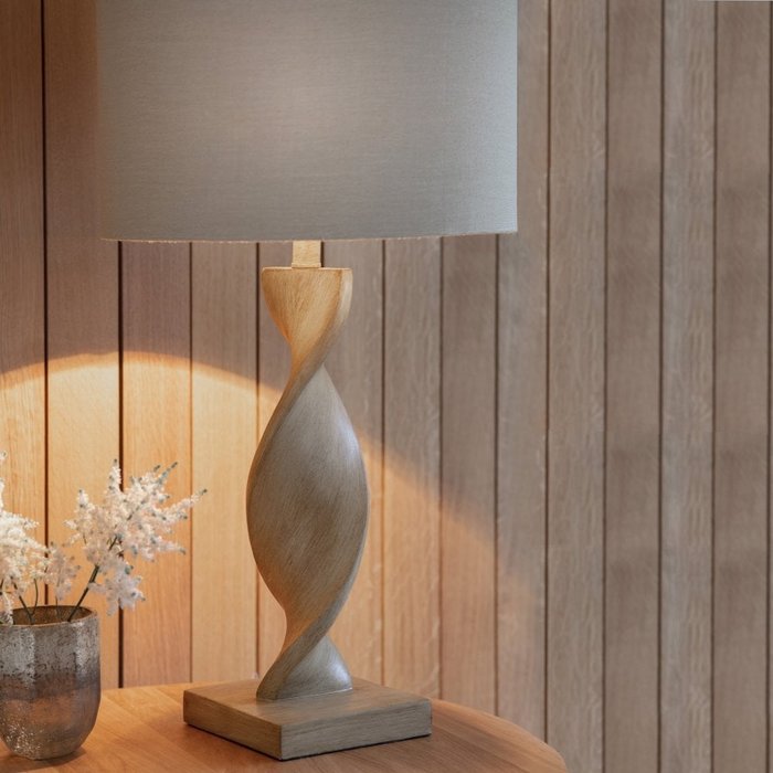 Arthur - Oak Wood Effect Twist Table Lamp and Natural Linen Shade