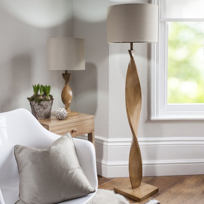 Arthur - Oak Wood Effect Twist Table Lamp and Natural Linen Shade