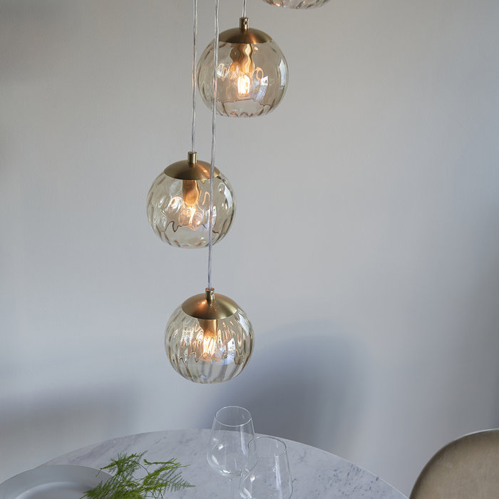 Ripple - Brass and Amber Glass Cluster 5 Light Pendant Light