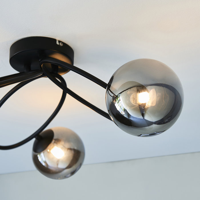 Zoe - Modern Black and Smoked Glass 3 Light Semi Flush Ceiling Light