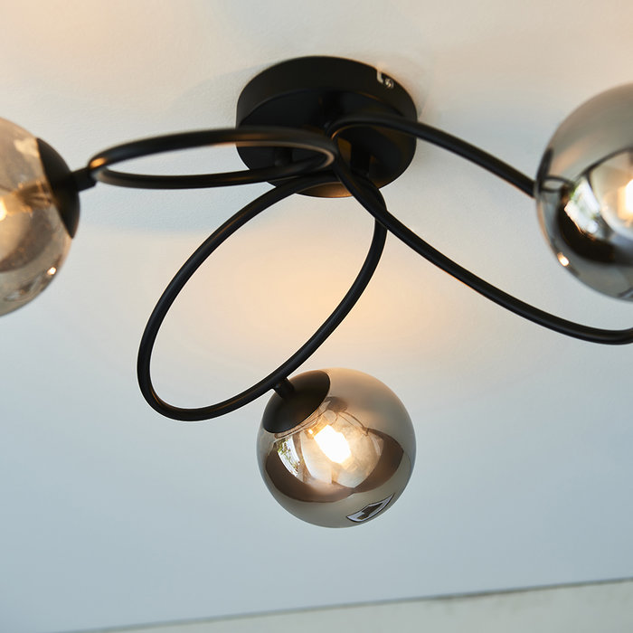 Zoe - Modern Black and Smoked Glass 3 Light Semi Flush Ceiling Light