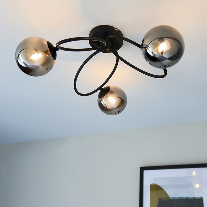 Zoe - Modern Black and Smoked Glass 3 Light Semi Flush Ceiling Light