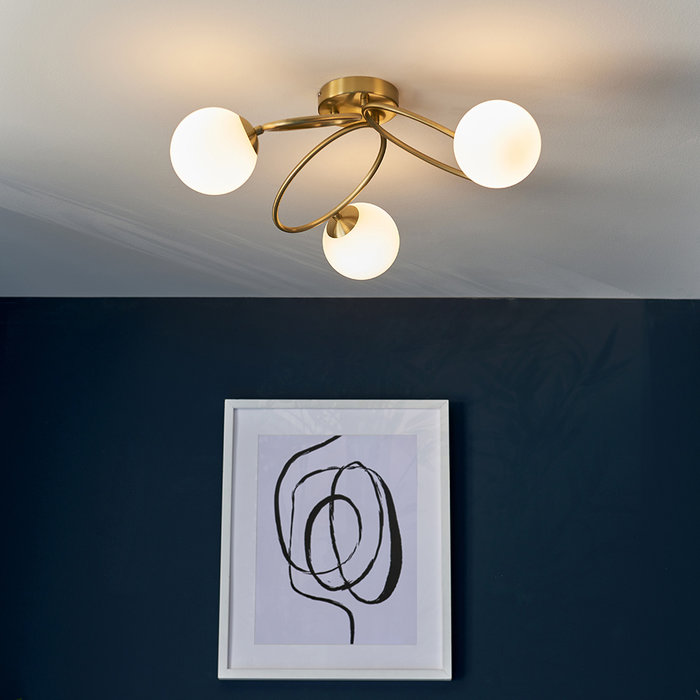 Zoe  - Brass Opal Globe 3 Light Semi Flush Ceiling Light