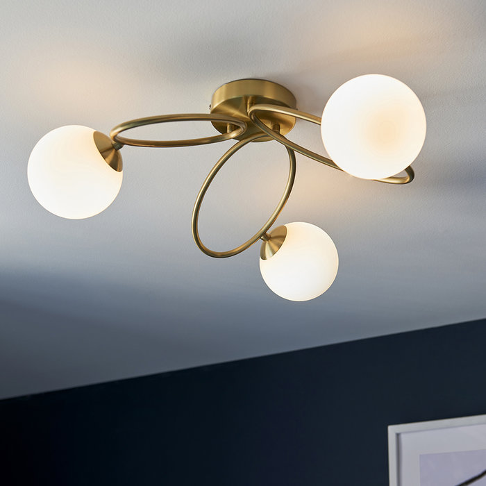 Zoe  - Brass Opal Globe 3 Light Semi Flush Ceiling Light