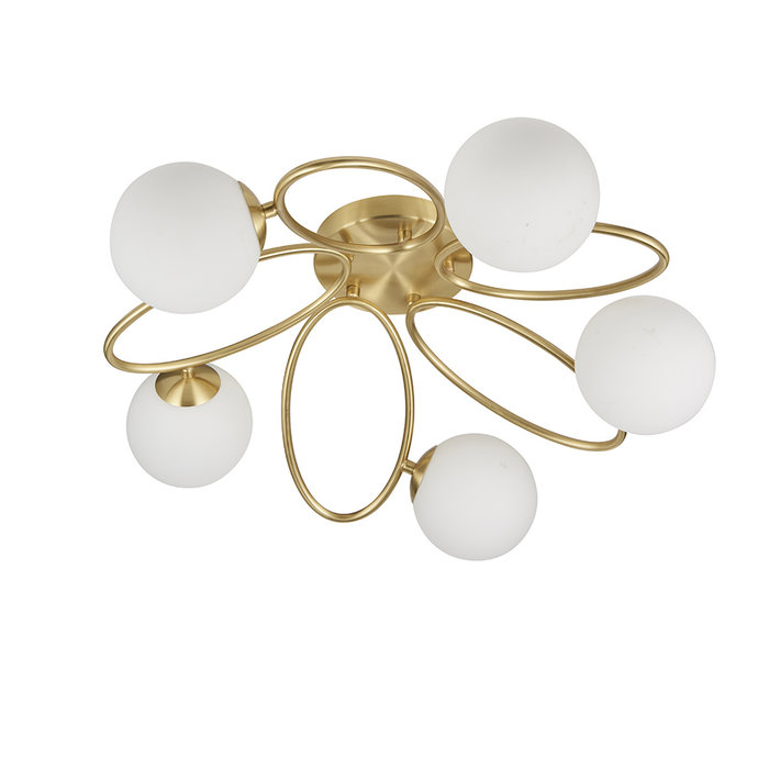 Zoe - Brass Opal Globe 5 Light Mid Century Semi Flush Ceiling Light