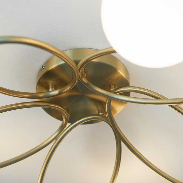 Zoe - Brass Opal Globe 5 Light Mid Century Semi Flush Ceiling Light