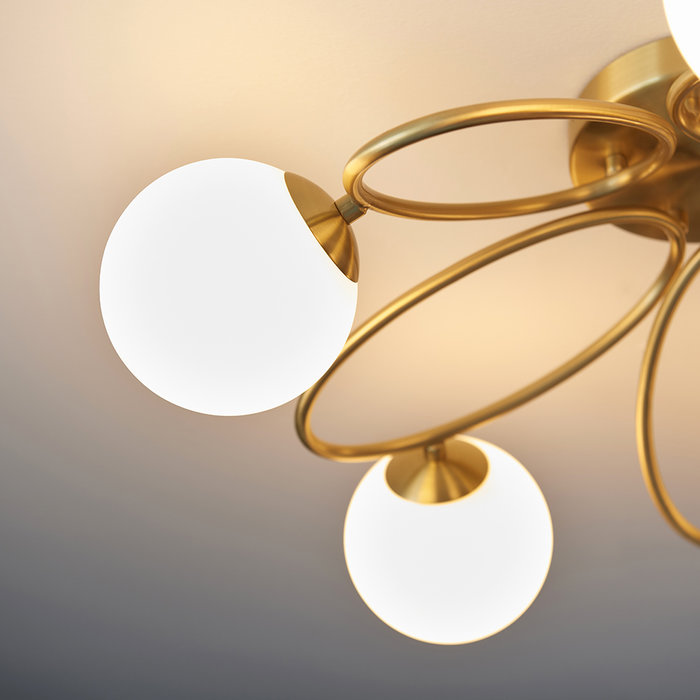 Zoe - Brass Opal Globe 5 Light Mid Century Semi Flush Ceiling Light