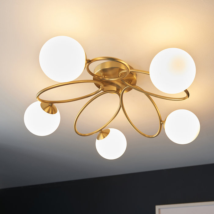 Zoe - Brass Opal Globe 5 Light Mid Century Semi Flush Ceiling Light