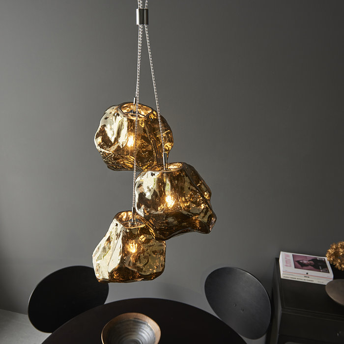 Rock - Bronze Glass and Chrome 3 Light Pendant Light