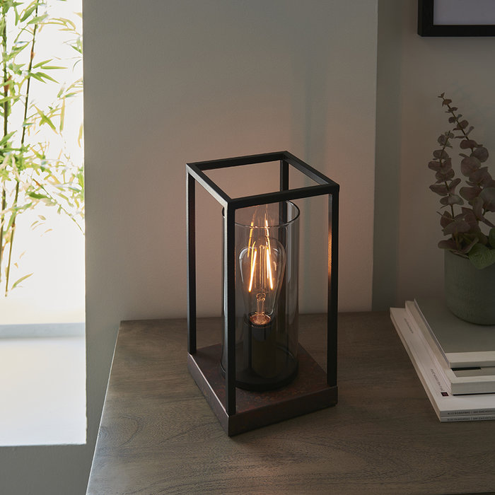 Hawnby - Industrial Geometric Table Lamp with Grey Glass Shade