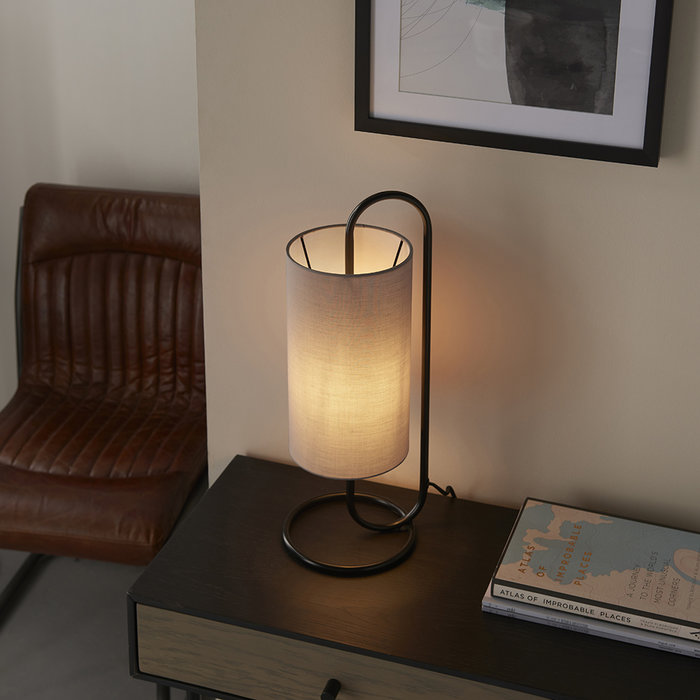 Rowantree - Oval Matt Black Table Lamp with Grey Shade