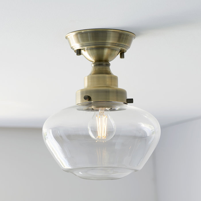 Caygill - Antique Brass Semi Flush Ceiling Light with Glass Shade
