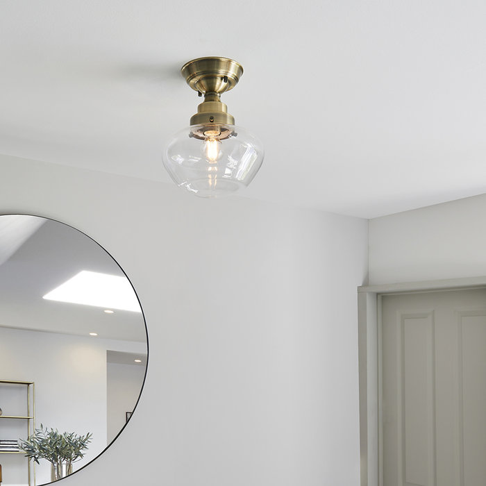 Caygill - Antique Brass Semi Flush Ceiling Light with Glass Shade