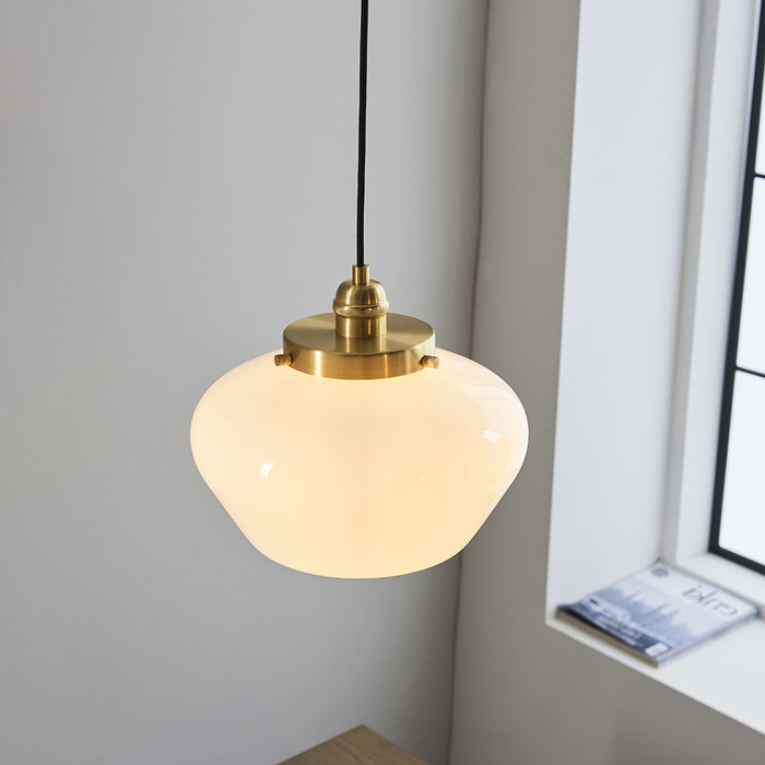 Caygill - Brass Pendant Light with Opal Glass Shade