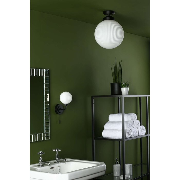 Alrik 1 Light Flush Ceiling Light - Matt Black Opal Glass IP44