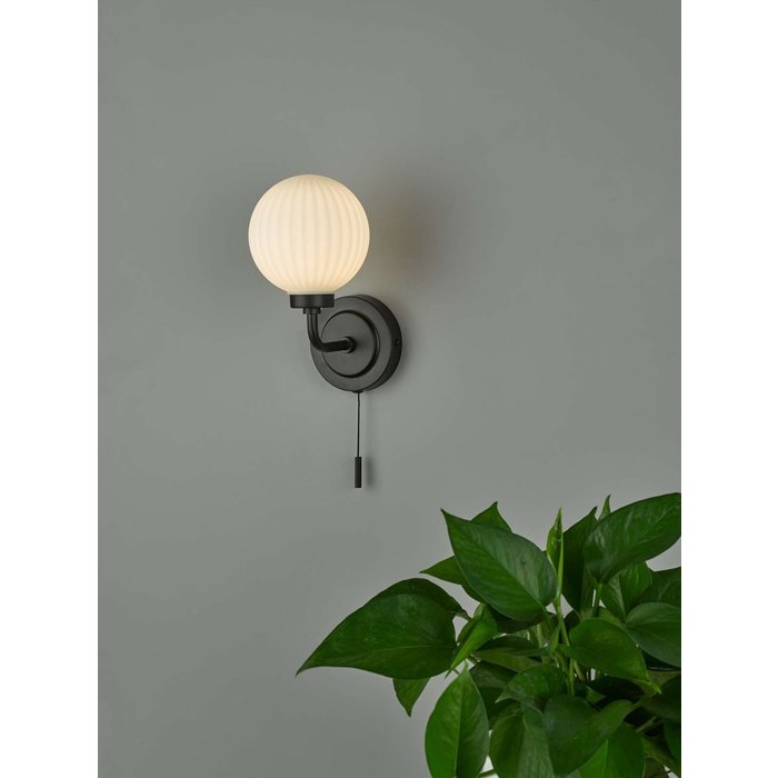 Alrik 1 Light Wall Light - Matt Black Opal Glass IP44