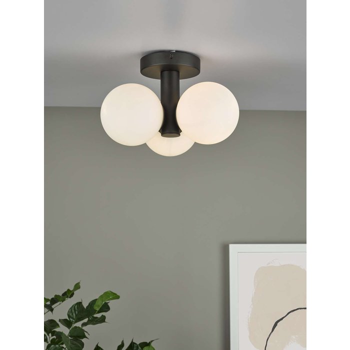 Blake 3 Light Semi Flush Ceiling Light - Matt Black Opal Glass