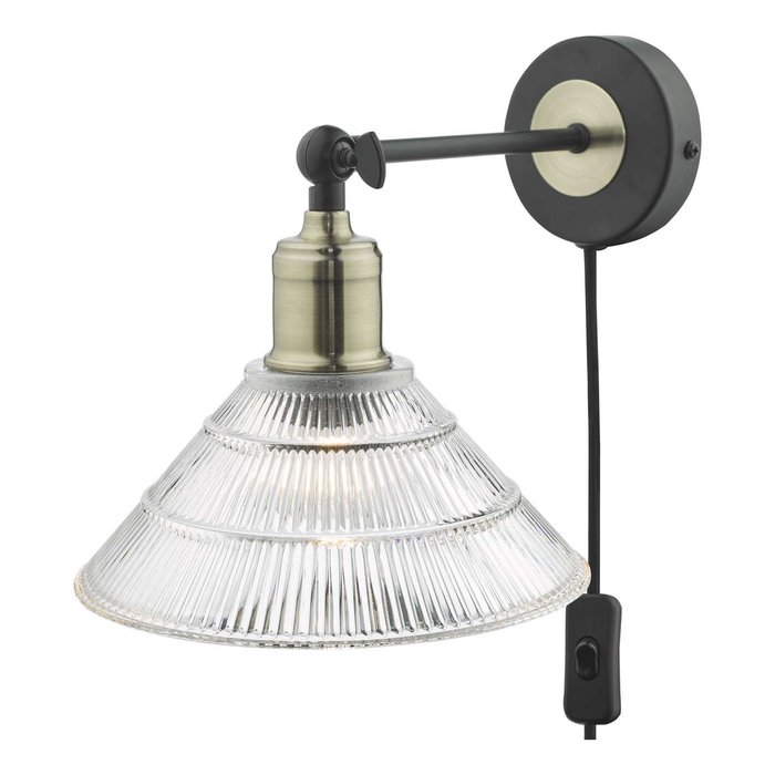 Boyd Single Wall Light - Antique Brass & Matt Black With Ribbed Glass Shade - Plug In