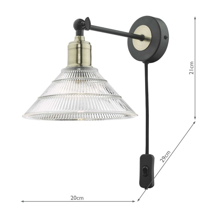 Boyd Single Wall Light - Antique Brass & Matt Black With Ribbed Glass Shade - Plug In