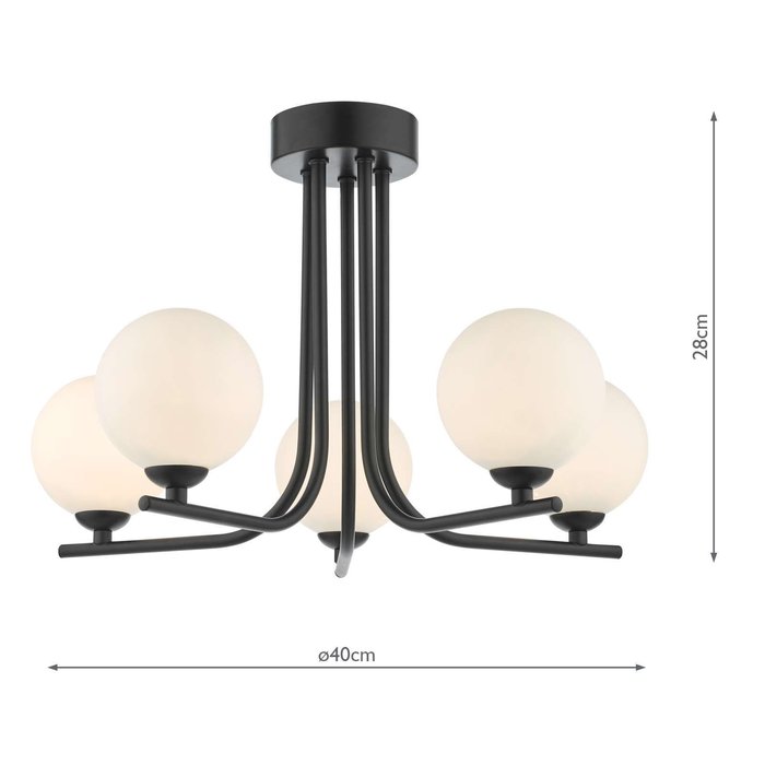 Cradle 5 Light Semi Flush Ceiling Light - Matt Black Opal Glass