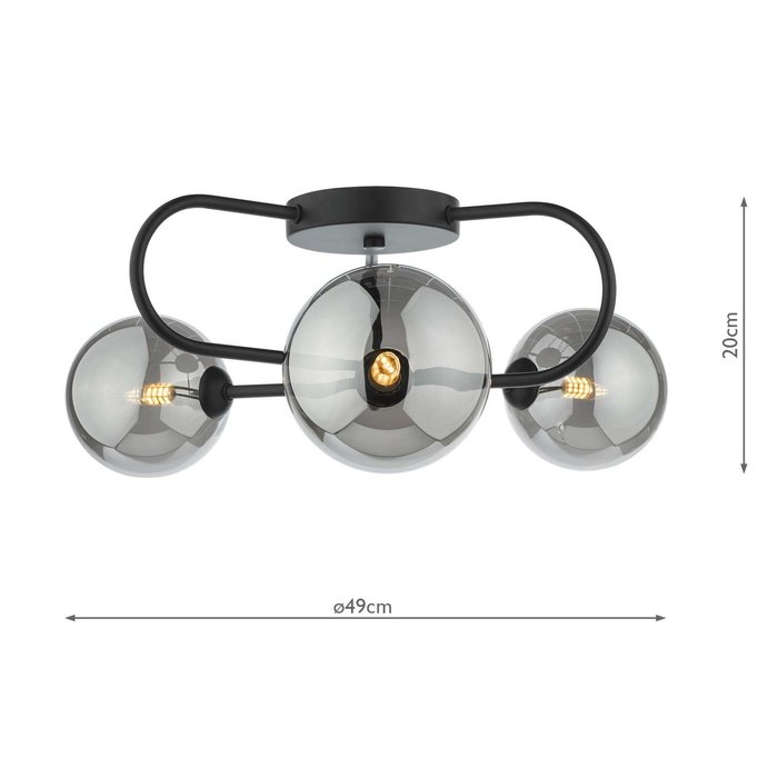 Eissa 3 Light Semi Flush Ceiling Light - Matt Black Smoked Glass