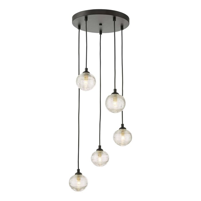 Federico 5 Light Cluster Pendant Light - Black Clear Ribbed Glass