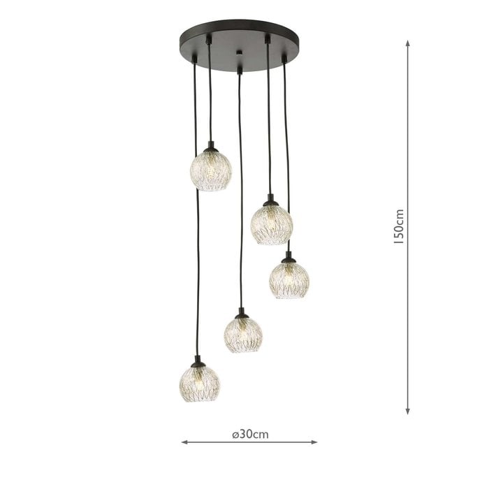 Federico 5 Light Cluster Pendant Light - Black Clear/Wire Glass