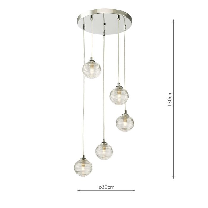 Federico 5 Light Cluster Pendant Light - Polished Chrome Clear Ribbed Glass