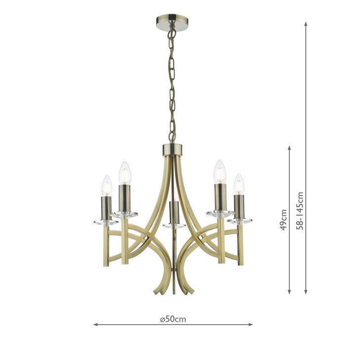 Lyon 5 Light Armed Fitting - Antique Brass Crystal