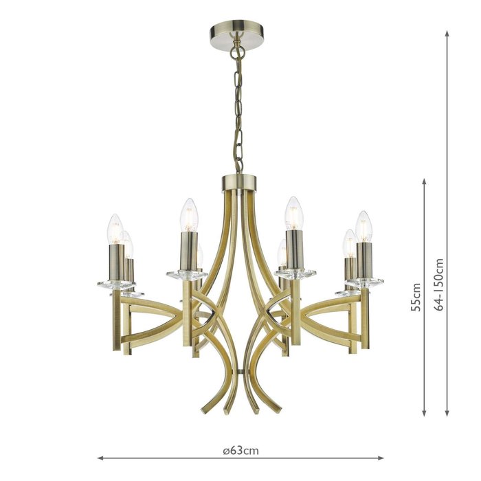 Lyon 8 Light Armed Fitting - Antique Brass Crystal