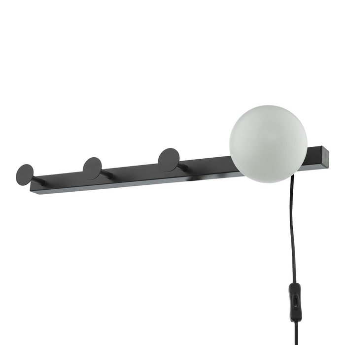 Rack Wall Light & Coat Hook - Matt Black Opal Glass - Plug in