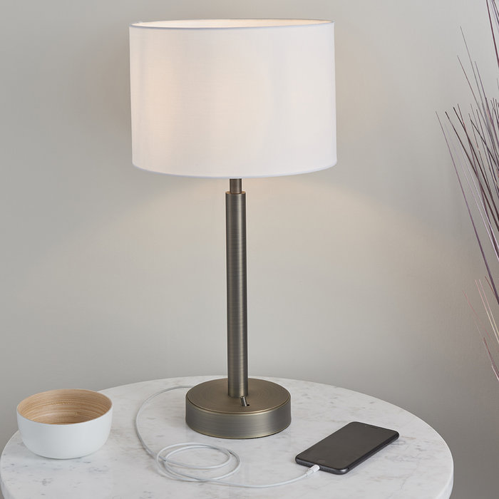 Issey - Modern Drum Table Lamp - Bronze & Vintage White Cylinder Shade