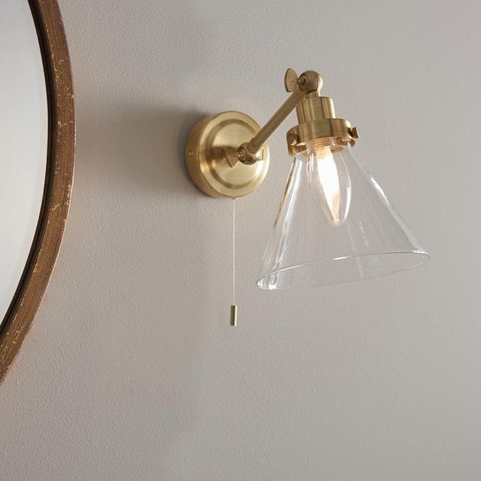 Faraday - Classic Industrial Glass Brass Wall Light - Bathroom Rated