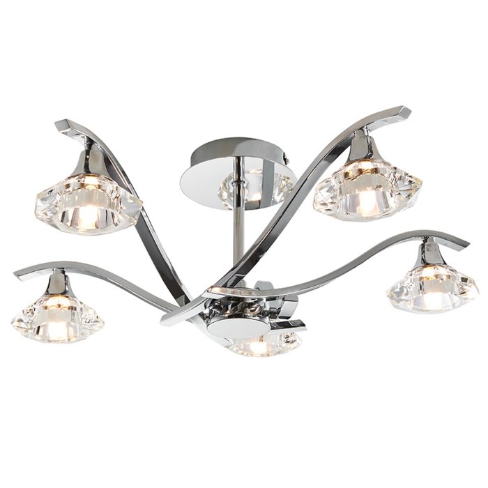 Langley - Faceted Crystal & Chrome 5 Light Semi Flush Ceiling Light