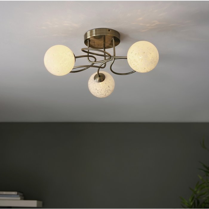 Mako - Cloud-like Glass Globe Semi Flush Ceiling Light - Antique Brass