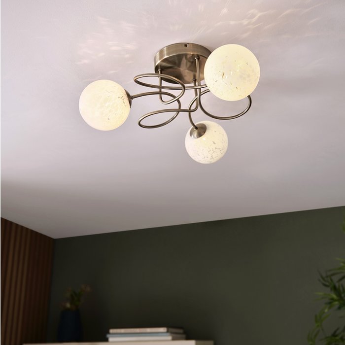 Mako - Cloud-like Glass Globe Semi Flush Ceiling Light - Antique Brass