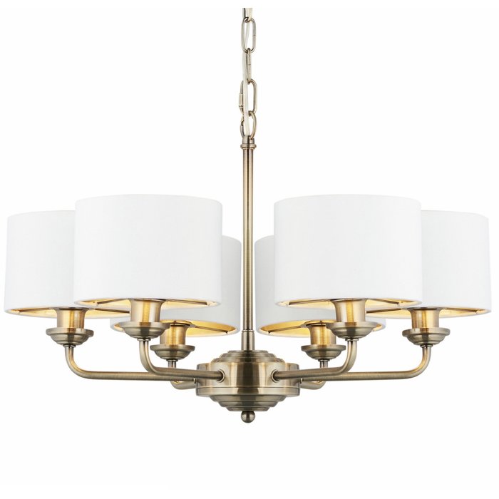Townhouse- 6 Light Armed Chandelier - Brass with White Shades
